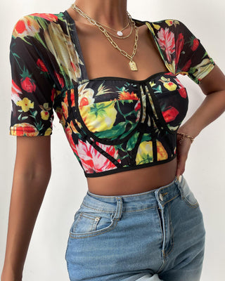 Crop top en maille à manches courtes et imprimé floral