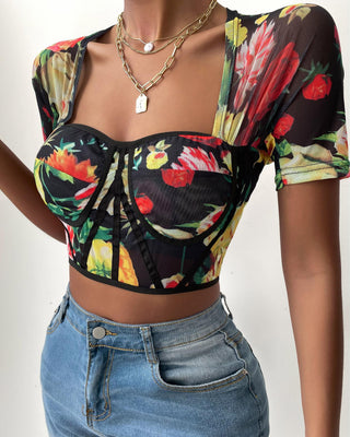 Crop top en maille à manches courtes et imprimé floral