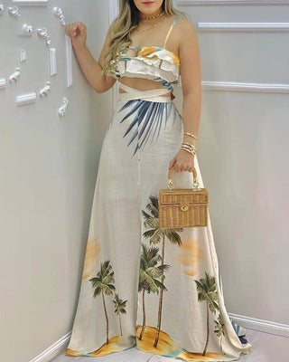 Ensemble haut et jupe à volants et encolure en trou de serrure à imprimé tropical