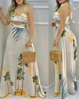 Ensemble haut et jupe à volants et encolure en trou de serrure à imprimé tropical