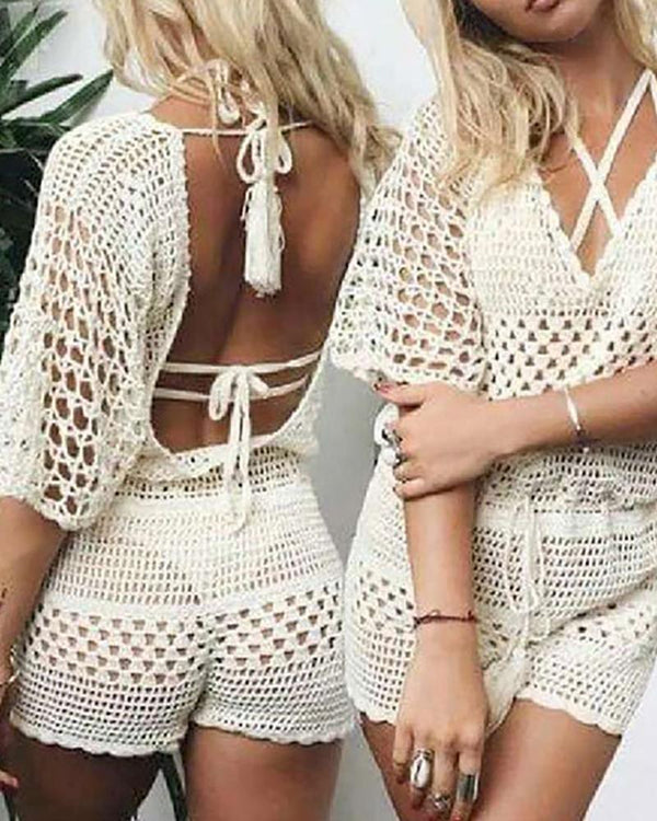 Cache-maillot dos nu à manches courtes avec protection solaire évidée