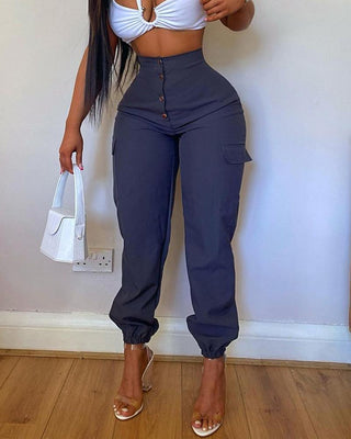 Pantalon cargo taille haute à boutons