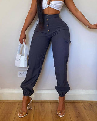 Pantalon cargo taille haute à boutons