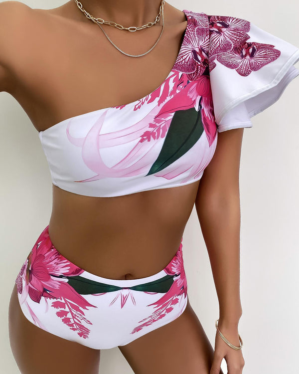 Ensemble de bikini à volants et imprimé floral à une épaule