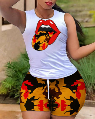 Ensemble haut sans manches à imprimé lèvres et short à cordon de serrage