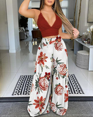 Ensemble haut court licou en dentelle au crochet et pantalon large à imprimé floral