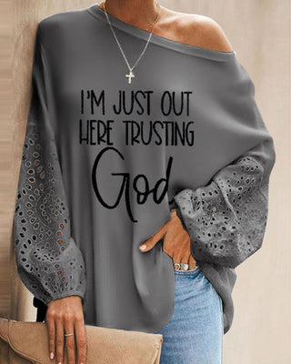 Haut à manches lanterne brodé à œillets et lettre imprimée