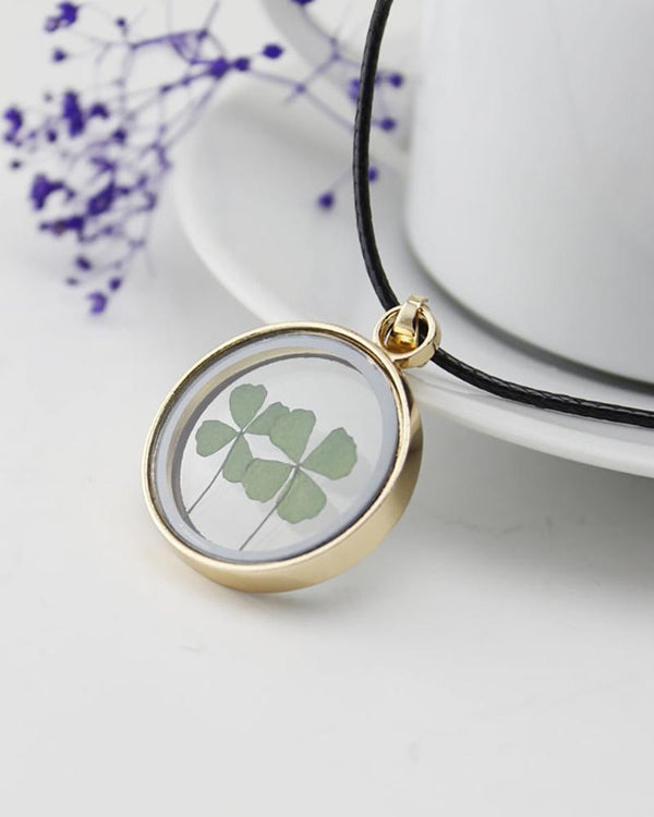 Collier pendentif en résine transparente trèfle à quatre feuilles / pissenlit de la Saint-Patrick