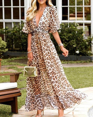 Robe longue à décolleté plongeant et imprimé léopard