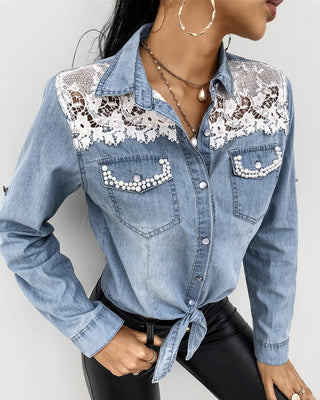 Chemise à boutons en dentelle et cils perlés