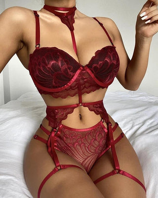 Ensemble de lingerie et tour de cou à armatures en dentelle florale 3PCS