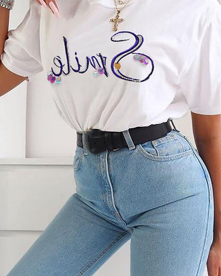 Paillettes lettre broderie T-shirt décontracté