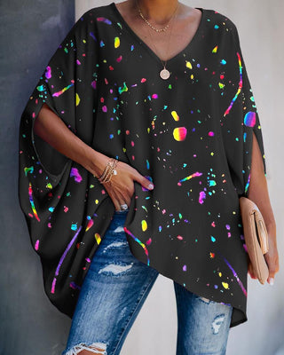 Haut décontracté à col en V et manches chauve-souris color-block