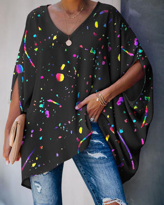 Haut décontracté à col en V et manches chauve-souris color-block