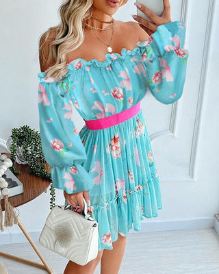 Robe froncée à épaules dénudées et imprimé floral à ourlet volanté à manches lanterne