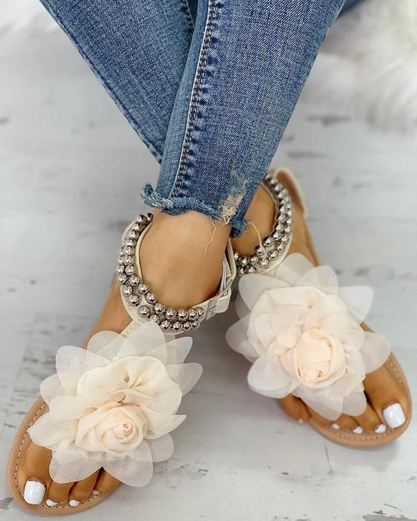 Maille sandales plates perlées ornées de fleurs