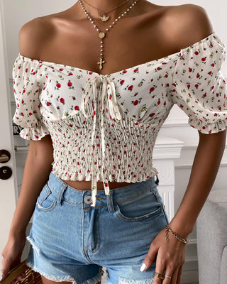 Crop top à imprimé floral et fronces noué sur le devant