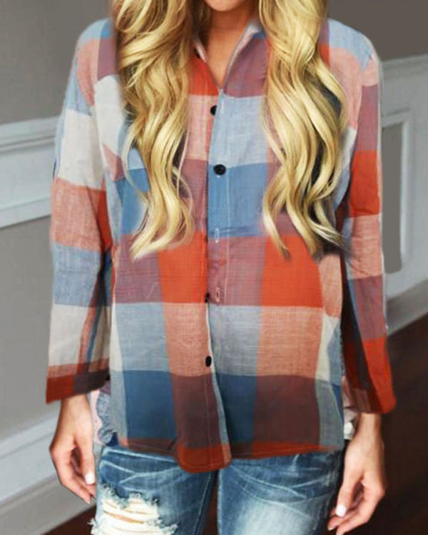 Chemise color-block à motif vichy et boutons