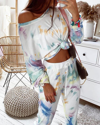 Ensemble haut à manches longues et pantalon de serrage à imprimé tie-dye