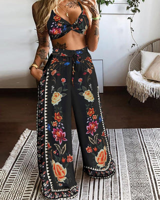 Ensemble top court torsadé à imprimé floral et pantalon large avec cordon de serrage