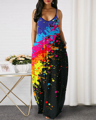 Robe longue encre Splash / Colorblock / Palmier / Polkadot Print Pocket Design