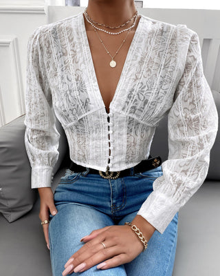 Haut de protection solaire à manches longues en dentelle à motif floral et décolleté plongeant