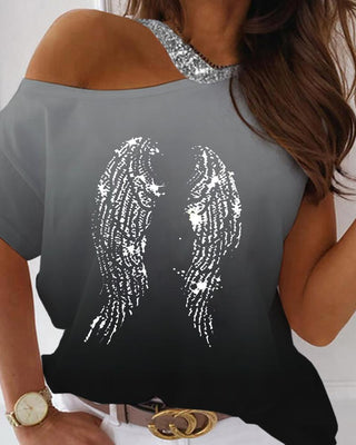 Haut à manches courtes à épaules dénudées et imprimé ailes