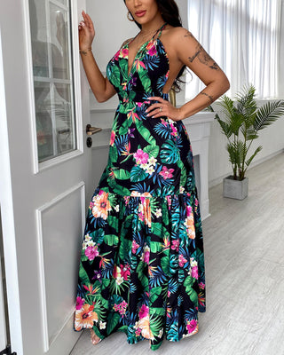 Robe maxi dos nu dos nu imprimé tropical