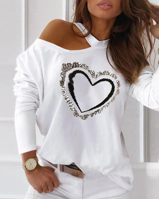 Haut à manches longues et épaules dénudées à motif coeur