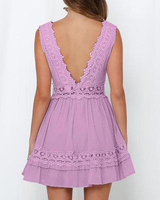 Robe en dentelle guipure sans manches col en V dos nu