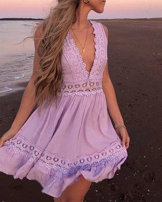 Robe en dentelle guipure sans manches col en V dos nu