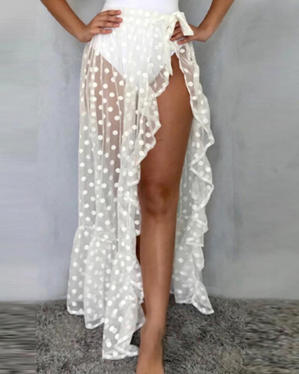 Ruffles Sheer Mesh Beach Bikini Cover Ups Vacation Sunscreen Wrap Jupe fendue