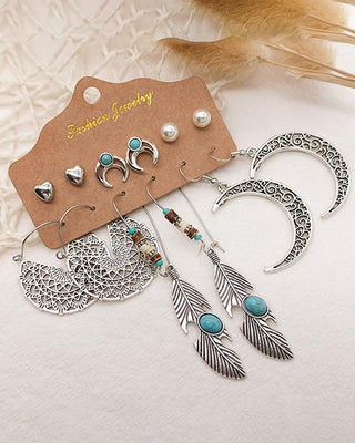 Ensemble de 6 paires de boucles d'oreilles vintage lune et plumes et perles