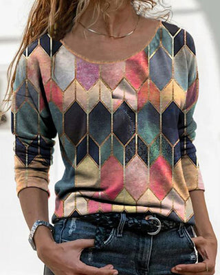 Top imprimé abstrait à manches longues et col rond