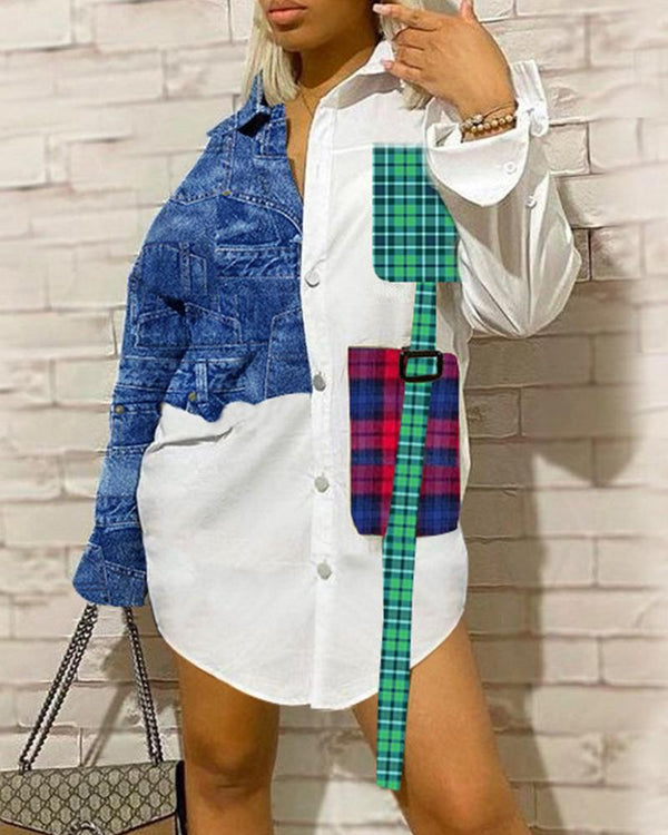 Mini-robe chemise à manches longues à carreaux et à blocs de couleur