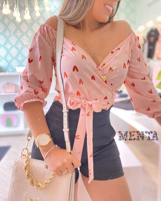 Haut noué à manches longues et surplis à imprimé cœur