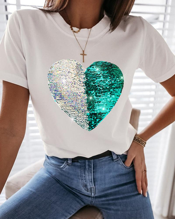 T-shirt décontracté à paillettes motif coeur