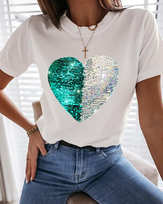 T-shirt décontracté à paillettes motif coeur
