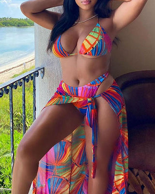Soutien-gorge à bretelles imprimé à motifs multicolores avec serviette de plage et ensembles de bikini culotte