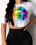 T-shirt à manches courtes imprimé à lèvres multicolore avec ensembles de costume de pantalon court