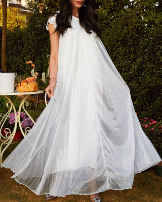 Robe longue en maille à volants et ourlet brodé en dentelle unie
