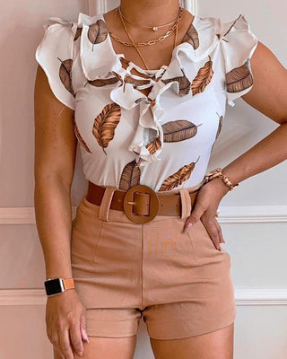 Ensemble top et short à ourlet volant à imprimé tropical