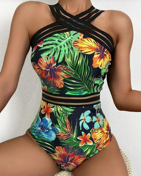 Maillot de bain une pièce licou imprimé tropical