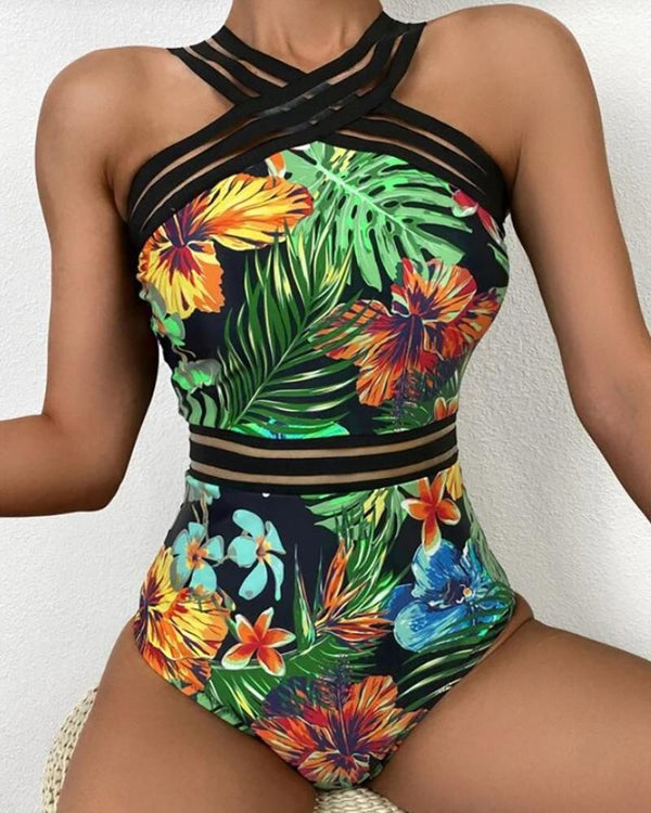 Maillot de bain une pièce licou imprimé tropical