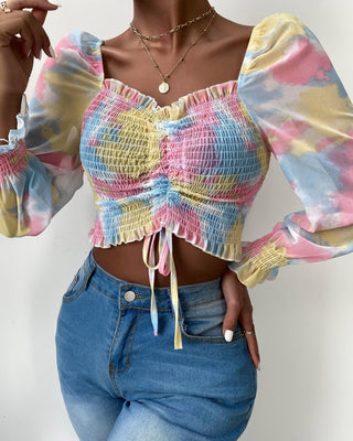 Haut à manches lanterne bouffantes et froncé à imprimé tie-dye
