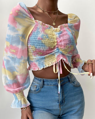 Haut à manches lanterne bouffantes et froncé à imprimé tie-dye