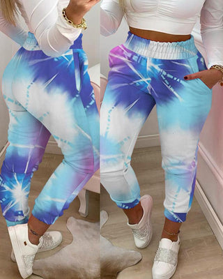 Pantalon décontracté à motif tie-dye et taille froncée à la taille