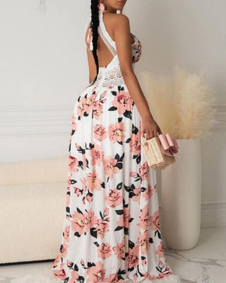 Robe longue dos nu à imprimé floral et licou