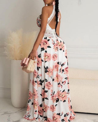 Robe longue dos nu à imprimé floral et licou