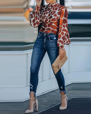 Haut à manches lanterne dos nu à imprimé guépard